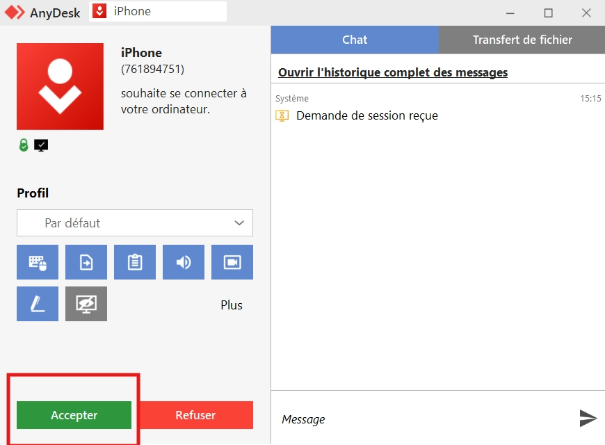 Confirmation de connexion AnyDesk